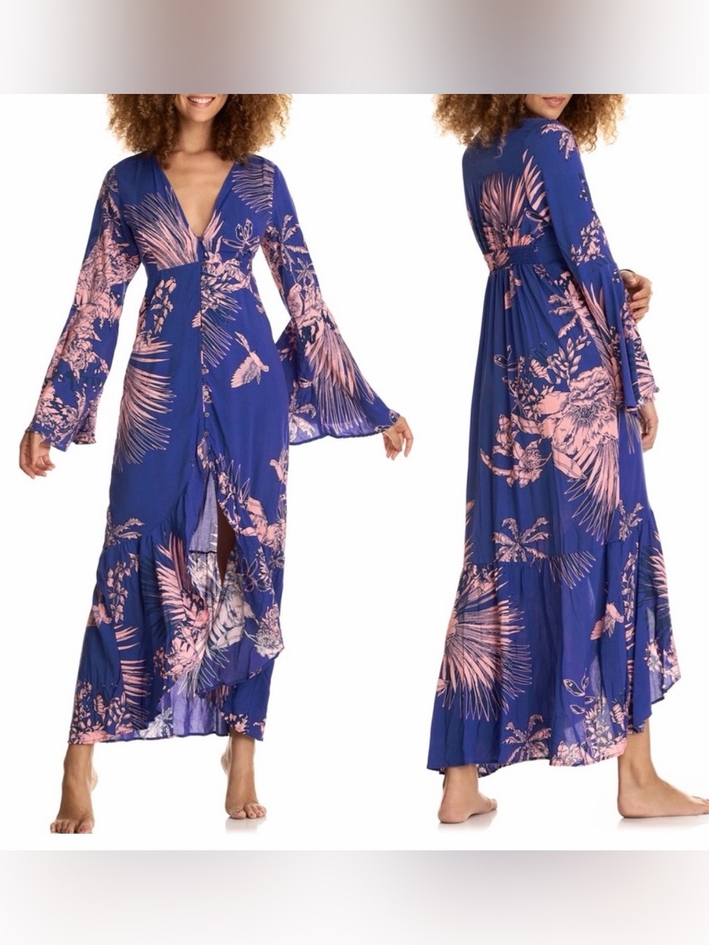 Maaji Tropical Floral Maxi Dress Plunging V-Neck Boho Coverup Bell Sleeve Size M